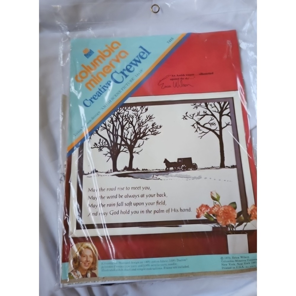 Sealed VTG Columbia Minerva Creative Crewel Needle Point Amish Scene